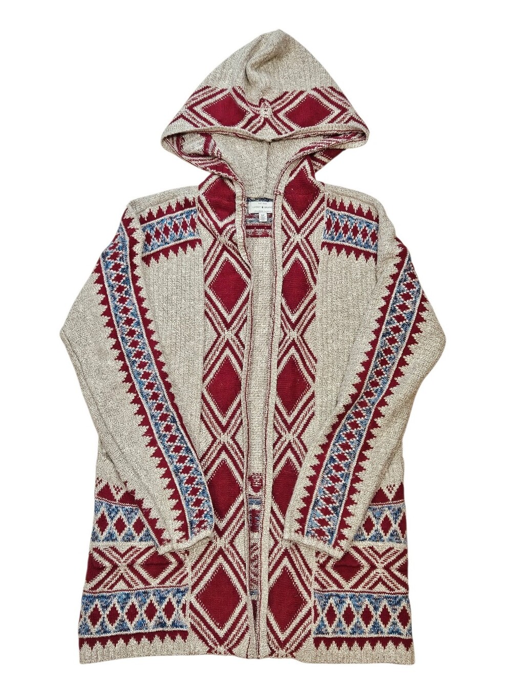 Lucky Brand Red Aztec Southwestern Jacquard Knit Hooded Cardigan Sweater Small